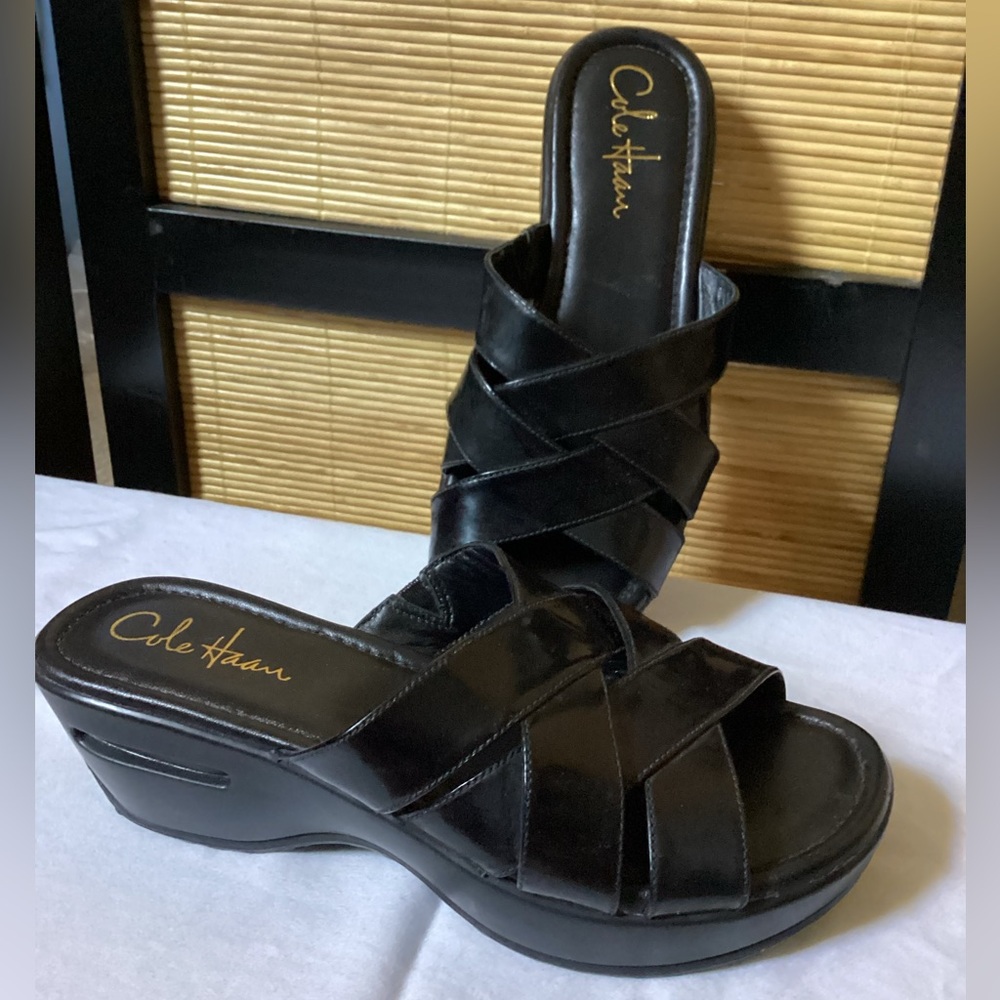 ♦️ COLE HAAN Nike Air Black Sandals Wedge Mules Sz 6 NWOT